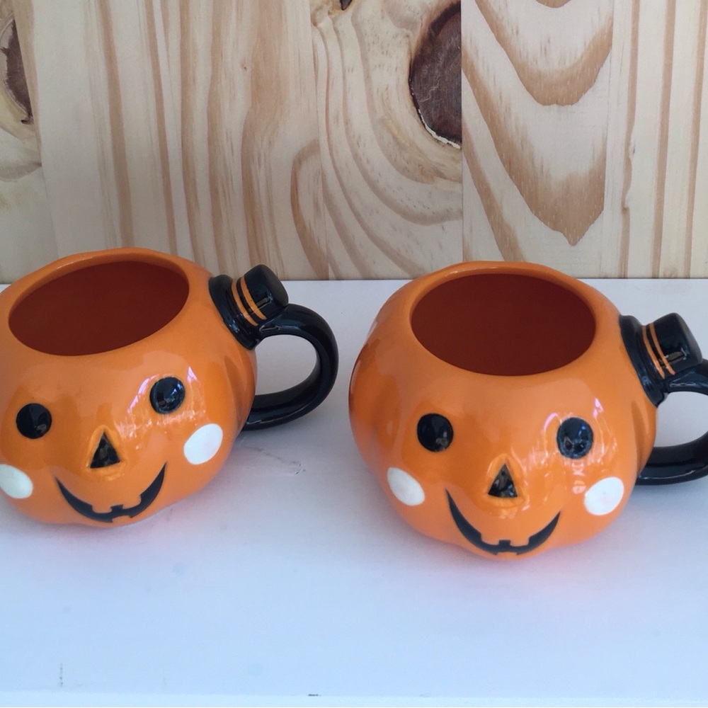 Pair of Hyde & Eek Pumpkin Ceramic Mugs